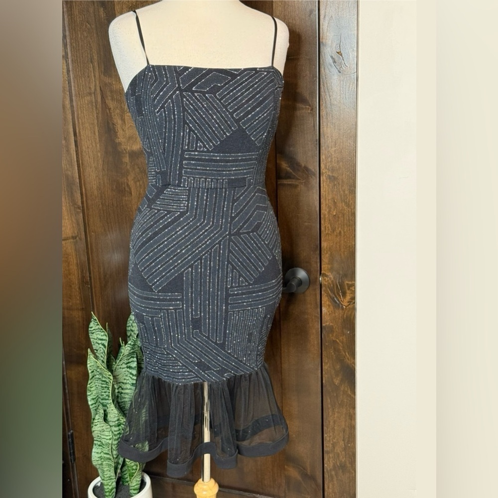 Vintage Olive Tree dress Size M midi body-con peplum trim skirt black sparkly